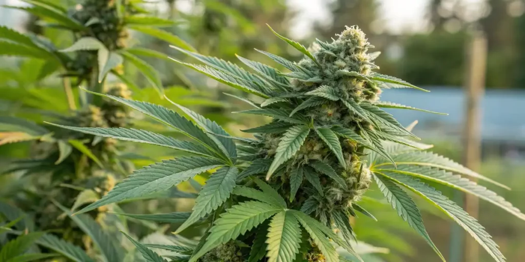 Close-up of a cannabis plant with purple buds growing in a greenhouse
