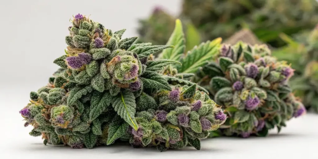 Cluster of purple cannabis buds with green leaves, highlighted by a layer of frosty trichomes.