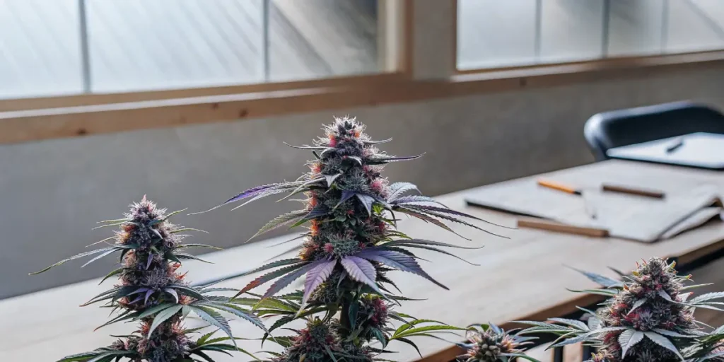 Hyper-realistic scene of cannabis hybrid plants with dense purple and green buds on a wooden table.