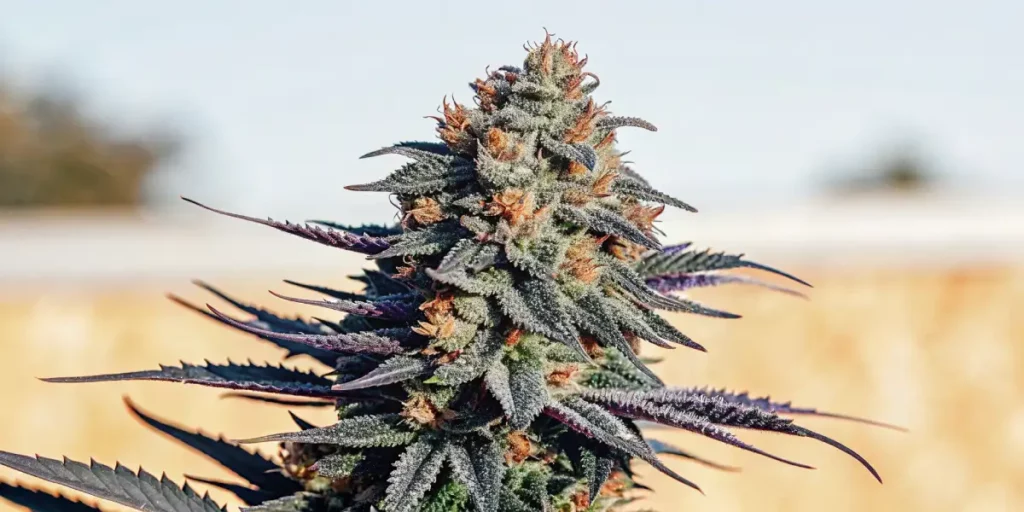 Purple cannabis buds with green and orange accents, glistening under bright sunlight.
