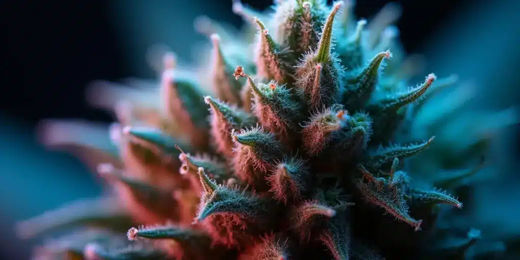 Purple weed plant with colorful leaves and dense buds