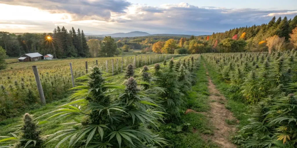Panoramic rural cannabis farm at sunset with mature plants, trellises, and distant hills.