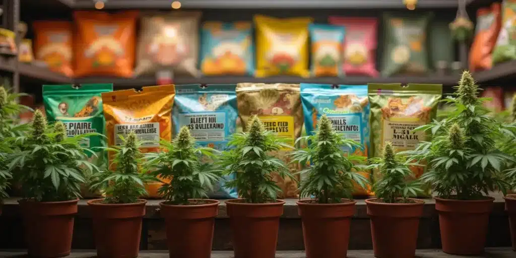 Several cannabis pot plants in front of a shelf filled with colorful product bags in a retail setting.