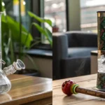 Two distinct smoking devices on wooden tables: a clear glass bong with smoke, and a tall colorful bong with a wooden pipe.