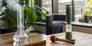 Two distinct smoking devices on wooden tables: a clear glass bong with smoke, and a tall colorful bong with a wooden pipe.