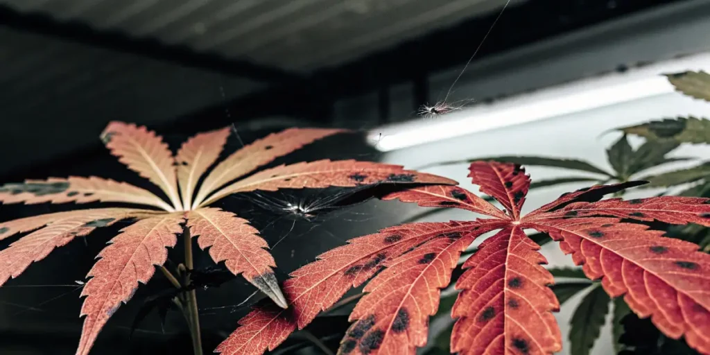 Close-up of reddish cannabis leaves with dark spots and visible spider mites and webbing, under grow lights.