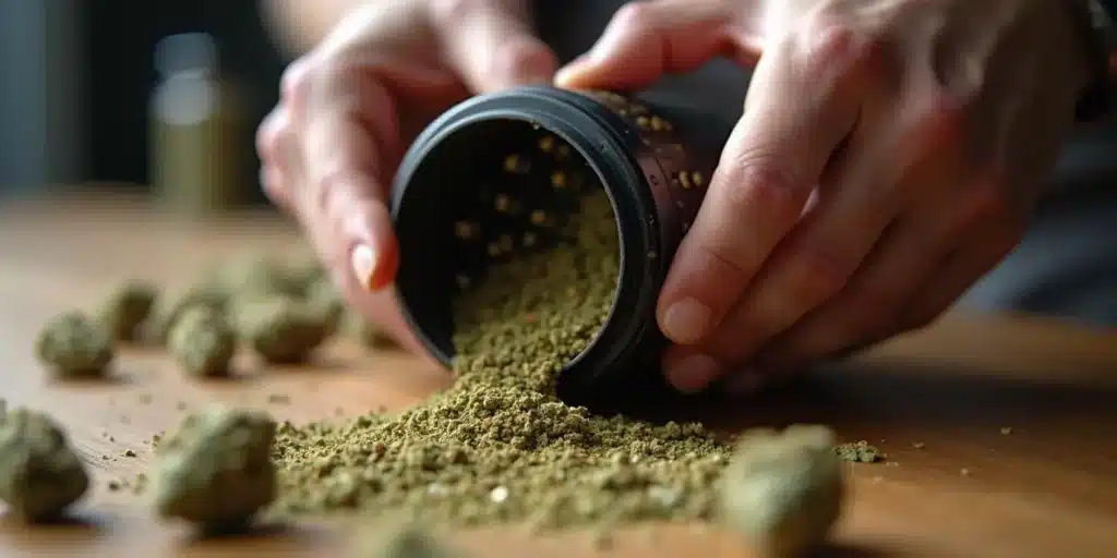 Hands pouring ground cannabis from a black container onto a wooden surface, with buds nearby.