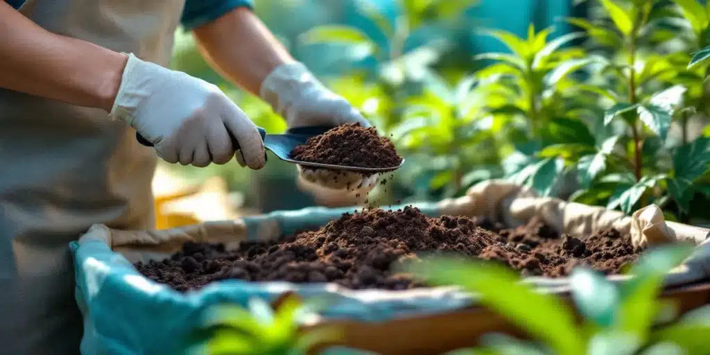 Man enrich soil cannabis plants