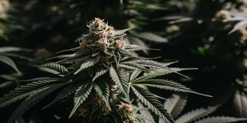 Close-up of a Sweet Black Rose cannabis bud in full bloom with pink pistils and dark leaves.