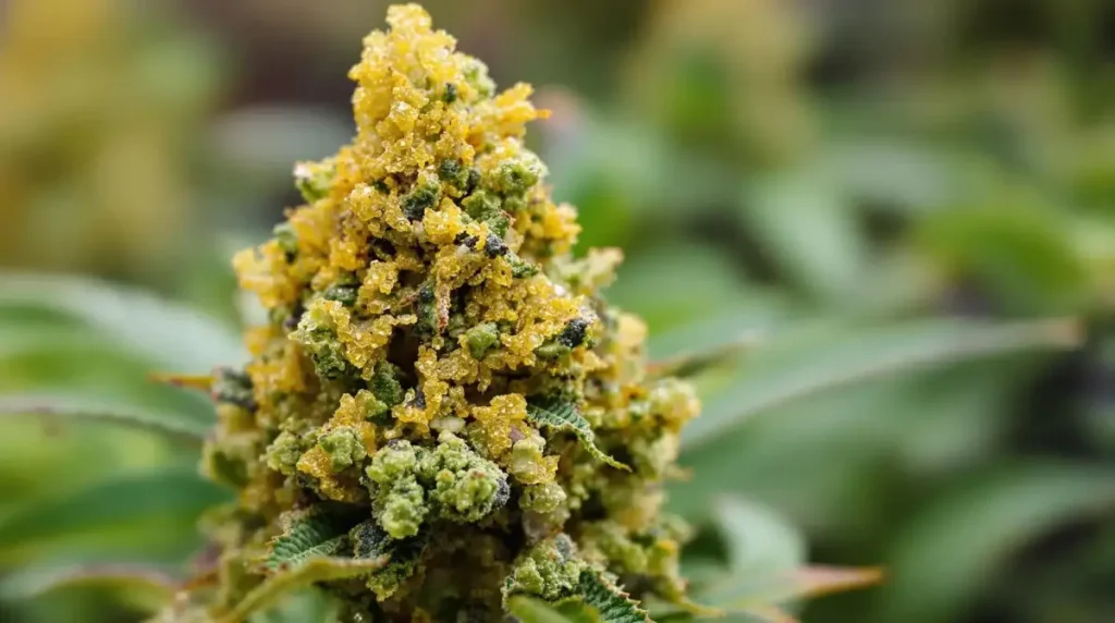 Close-up of a THCA hash cannabis bud with golden trichomes
