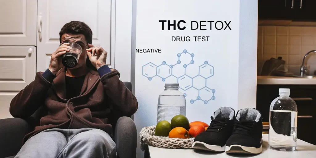 Man drinking from glass beside "THC DETOX Drug Test NEGATIVE" sign, with water bottles, fruit, and sneakers.