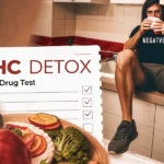 Man in bathroom drinking from cup, beside a table with "THC DETOX Drug Test" checklist, fruit, and detox drink.