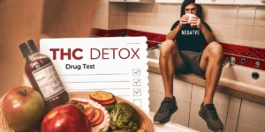 Man in bathroom drinking from cup, beside a table with "THC DETOX Drug Test" checklist, fruit, and detox drink.
