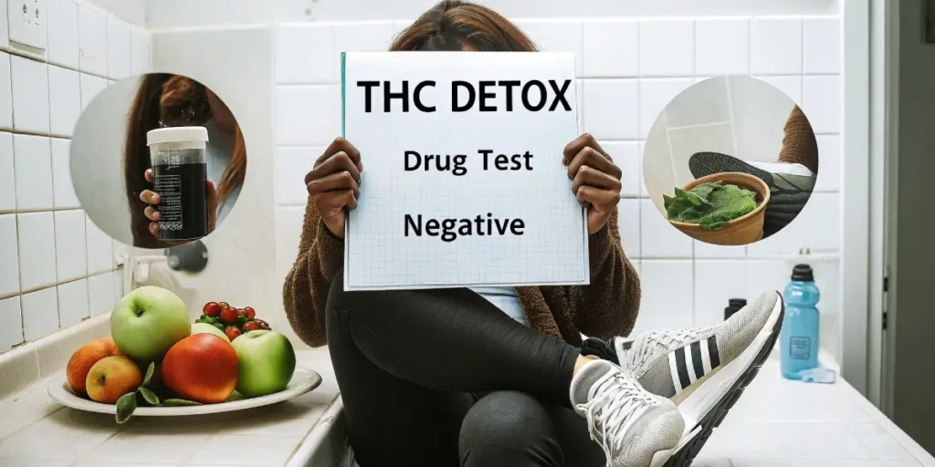 Woman holding "THC DETOX Drug Test Negative" sign, surrounded by detox items like fruit and a drink.