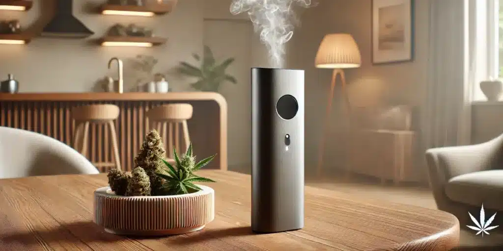Modern convection vaporizer emitting vapor on a wooden table, with cannabis and a blurred kitchen/living room background.