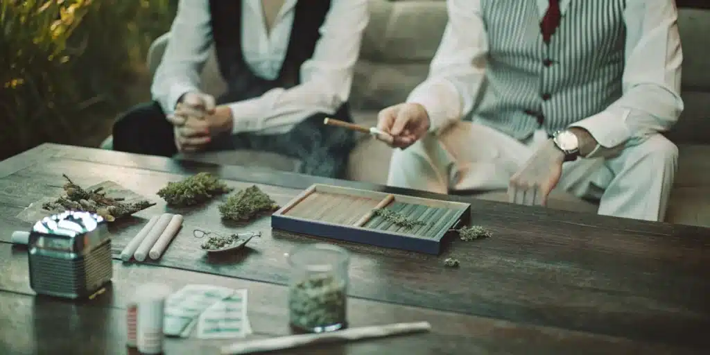 Two people rolling joints on a wooden table with cannabis buds, rolling papers, and grinders in a casual setting