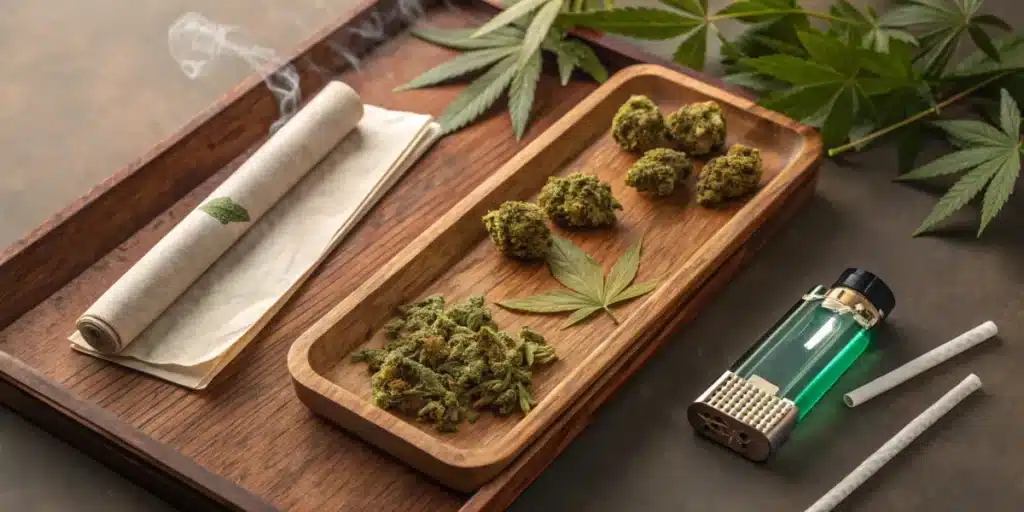 Pre-rolled blunt alongside cannabis buds, rolling papers, and a lighter on a wooden tray, with fresh cannabis leaves in the background