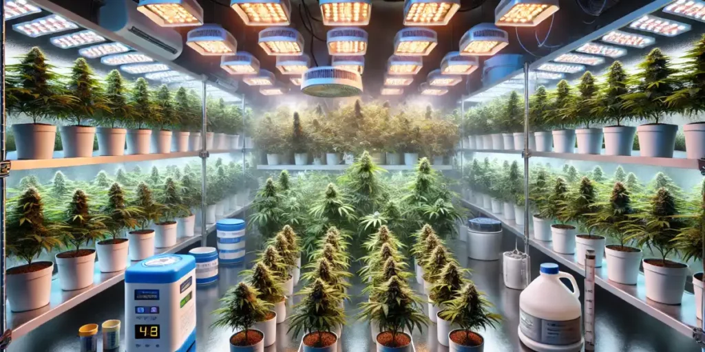 Highly organized indoor grow room showcasing multiple rows of autoflowering cannabis plants under advanced LED lighting