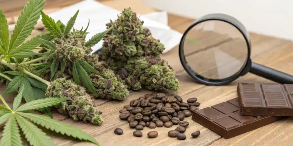 Cannabis buds displayed alongside coffee beans and chocolate pieces on a wooden surface, emphasizing aroma and flavor profiles.