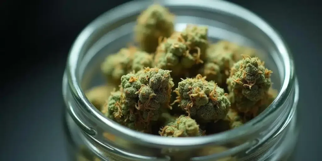 High-quality cannabis buds inside a glass jar, showcasing rich trichomes and orange pistils.