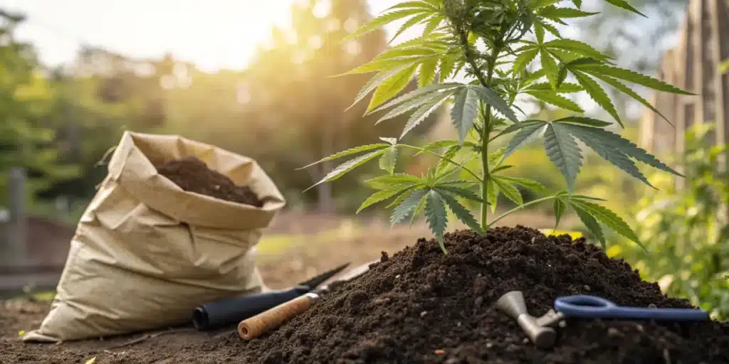 Young cannabis plant growing in nutrient-rich organic soil outdoors, with gardening tools and a compost bag nearby under natural sunlight