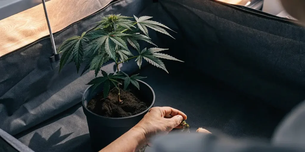 Person's hands trimming a cannabis plant with dark green leaves in a grow tent.