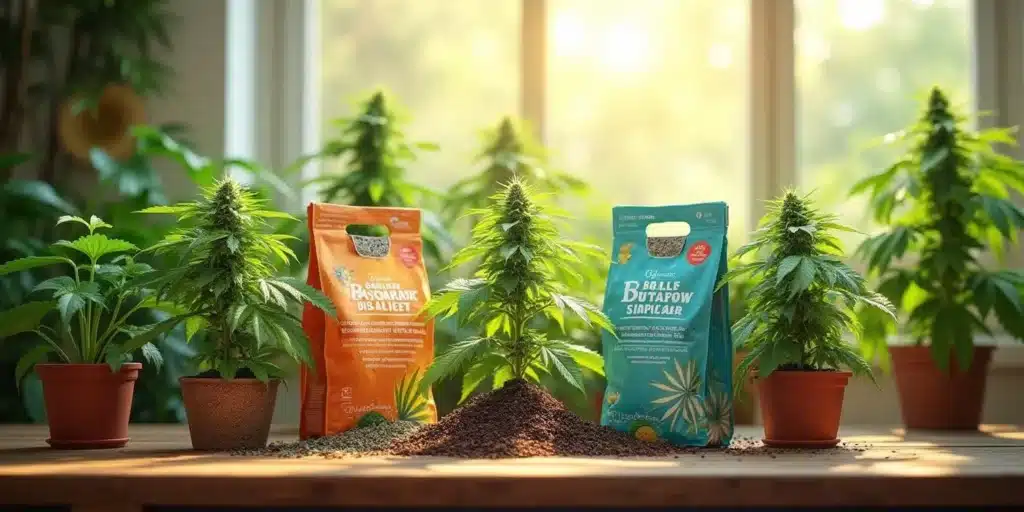 Two bags of bloom fertilizer standing between potted cannabis plants on a wooden table, in a sunny room.