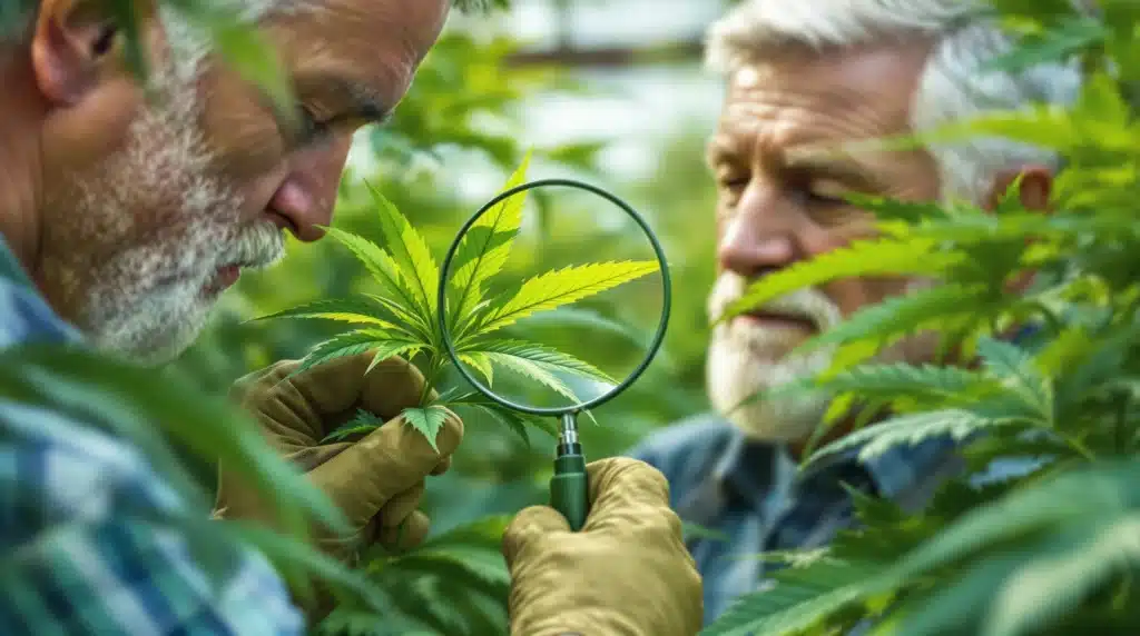 Two senior growers inspecting cannabis leaves closely for signs of healthy soil amendments.