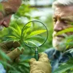 Two senior growers inspecting cannabis leaves closely for signs of healthy soil amendments.