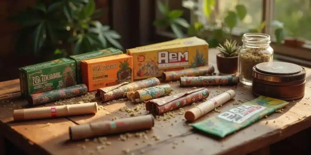 Various blunt wrapping materials and cannabis on a wooden table.