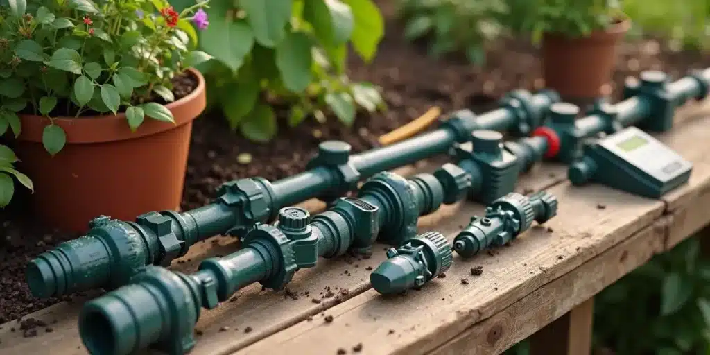 Components of an automated drip irrigation system arranged on a wooden surface near potted plants.
