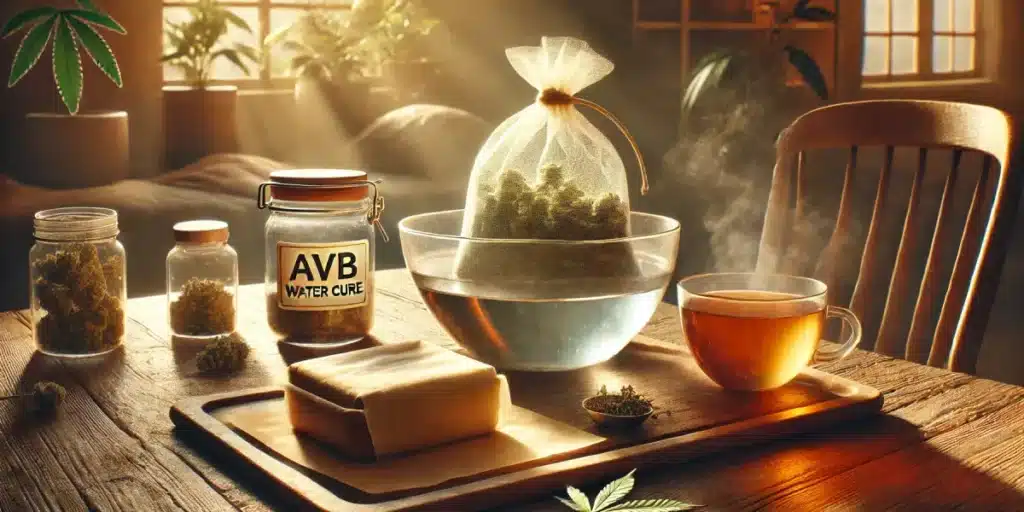 Glass bowl with water and AVB in a mesh bag, sunlight streaming into a cozy room with cannabis jars and tea