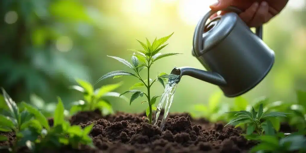 Watering a young cannabis plant during autoflower week 2.