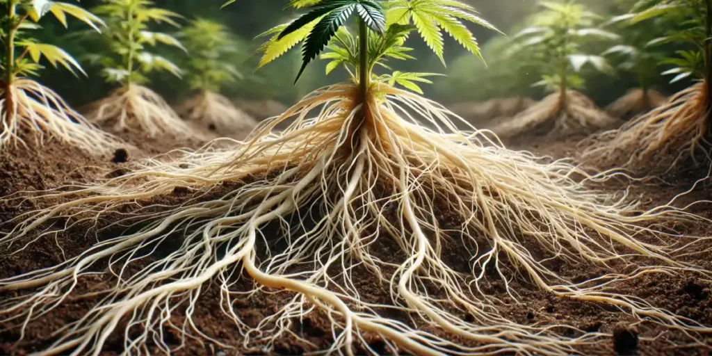 Cannabis plant with exposed roots in soil, showcasing intricate root structure and healthy growth in a natural setting