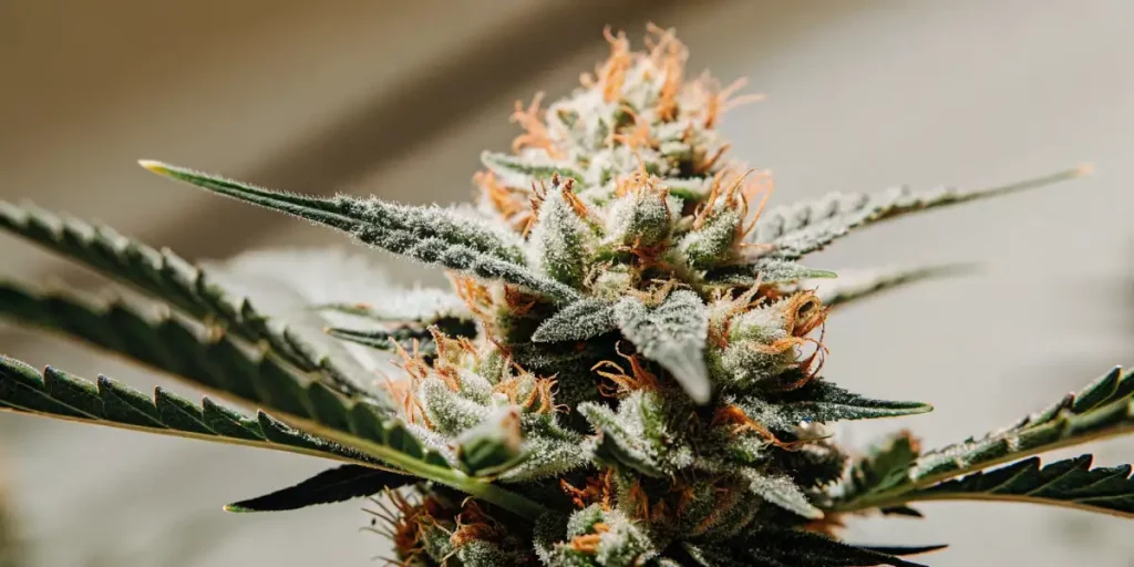 Close-up of White Runtz cannabis, showcasing dense buds with orange pistils and a frosty layer of trichomes.