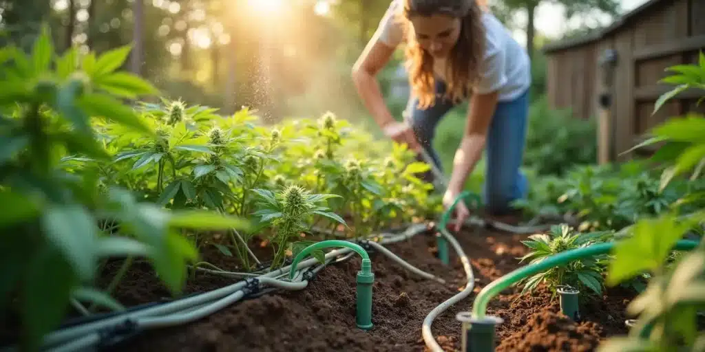 Woman adjusting an automated drip irrigation system in a cannabis garden at sunset.