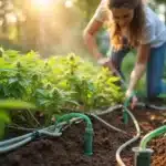 Woman adjusting an automated drip irrigation system in a cannabis garden at sunset.