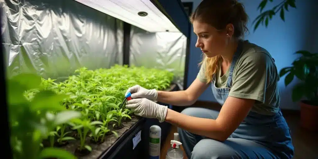 Woman maintaining grow tent with automatic watering system