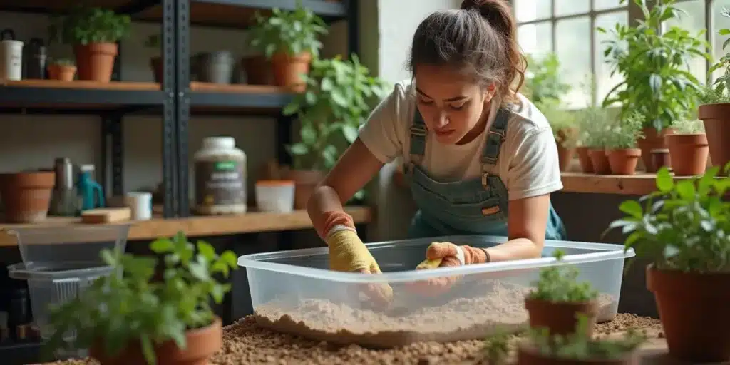 Woman preparing an autoflower soil recipe by mixing organic components in a container.