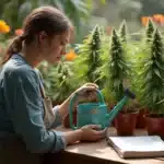 Woman watering pot plants with best bloom fertilizer in a greenhouse