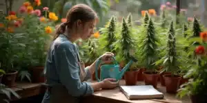 Woman watering pot plants with best bloom fertilizer in a greenhouse