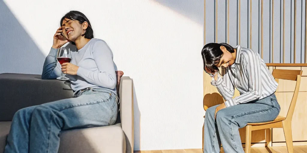 Split image: woman laughing on sofa with wine, then seated with head down.
