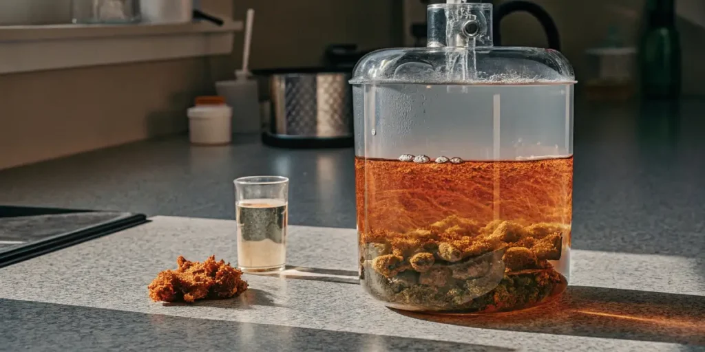 glass container filled with cannabis buds in amber liquid during water curing process on kitchen counter