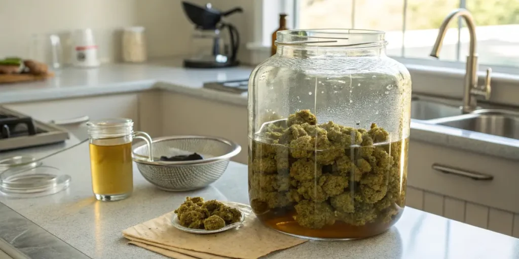 large glass jar containing cannabis buds in curing liquid with various kitchen tools nearby