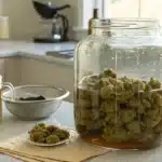 large glass jar containing cannabis buds in curing liquid with various kitchen tools nearby