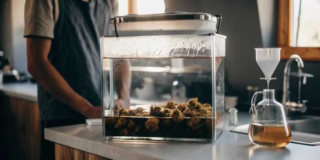 clear tank with cannabis buds and water curing setup in modern kitchen environment