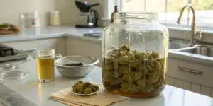 large glass jar containing cannabis buds in curing liquid with various kitchen tools nearby