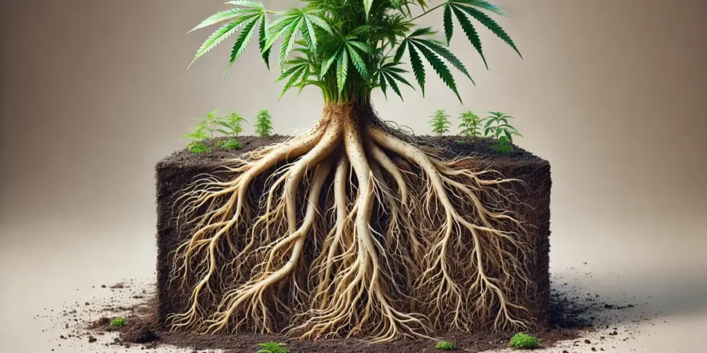 Cross-section of soil revealing cannabis plant roots, emphasizing their complexity and impact on healthy plant development