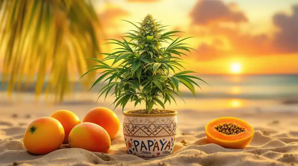 Papaya Strain displayed at all-inclusive weed-friendly resorts Caribbean near the beach.