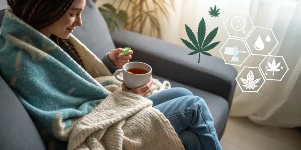 Smiling woman on sofa holding CBD oil dropper beside book and glass of water.